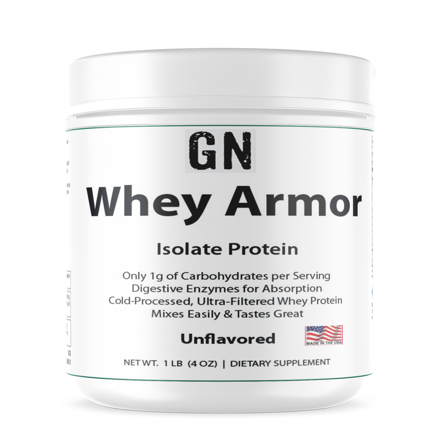 Container of GN Whey Armor Isolate Protein on a white background