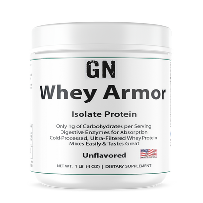 Container of GN Whey Armor Isolate Protein on a white background