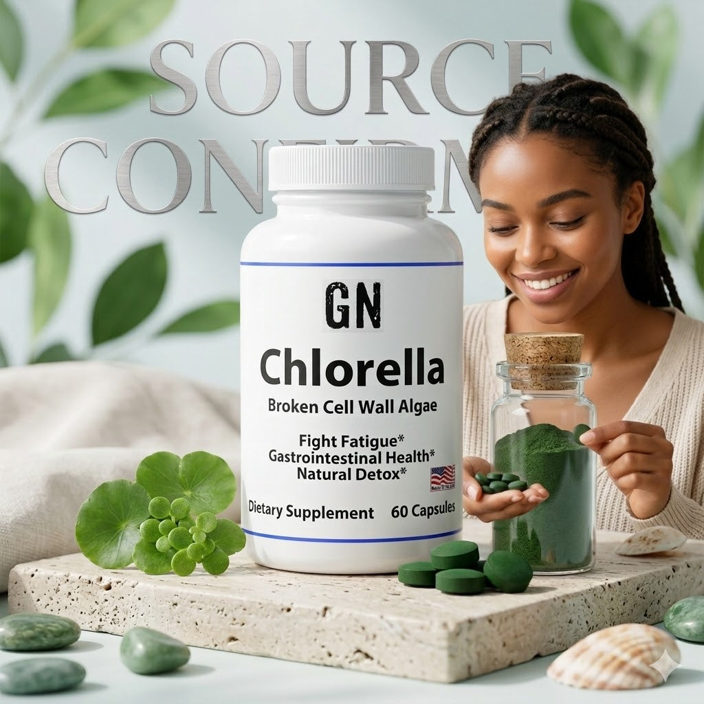 Woman holding GN Chlorella supplement with a bottle and green leaves on a light background