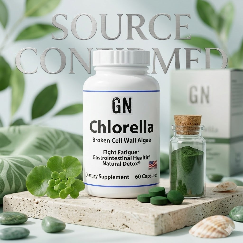 GN Chlorella supplement bottle with green leaves and a blurred background