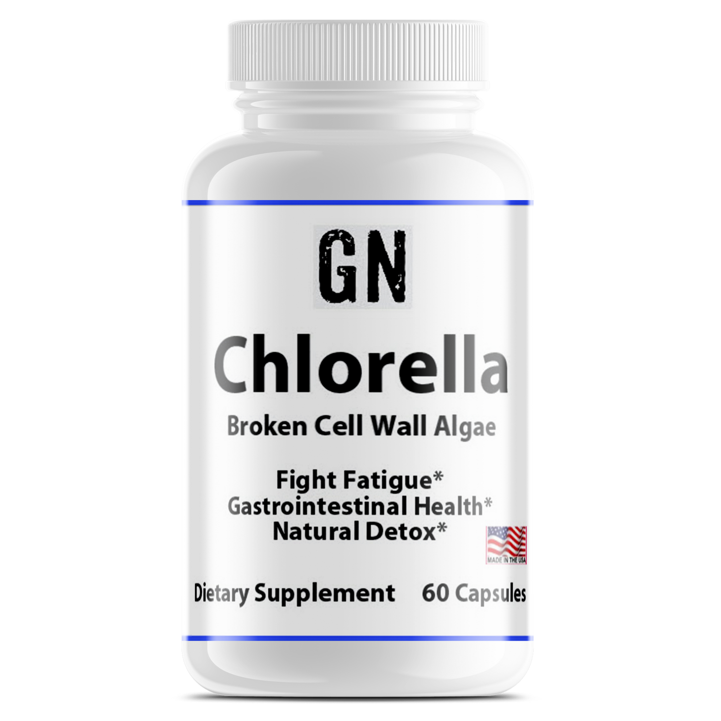 Supplement bottle labeled 'GN Chlorella' on a white background