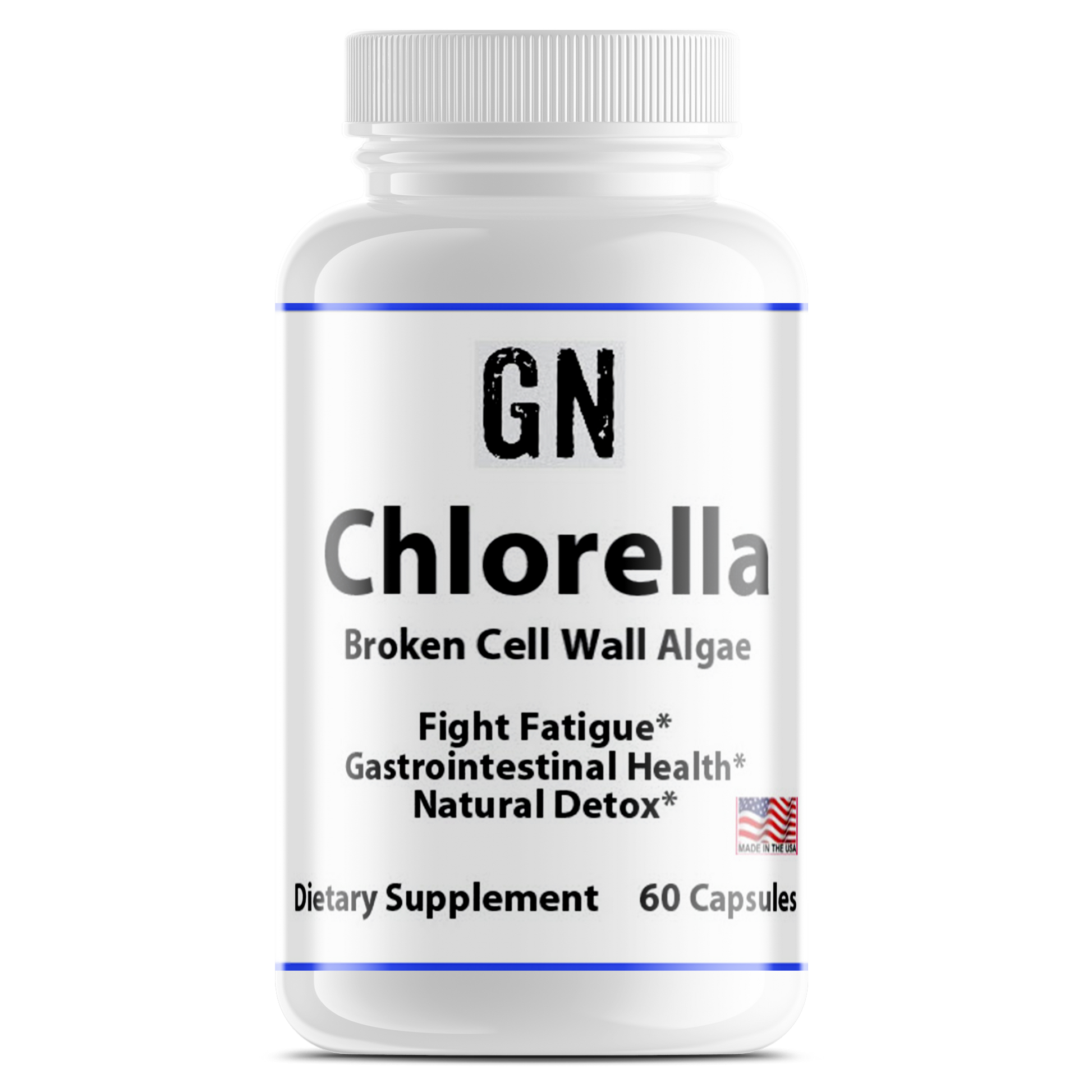 Supplement bottle labeled 'GN Chlorella' on a white background