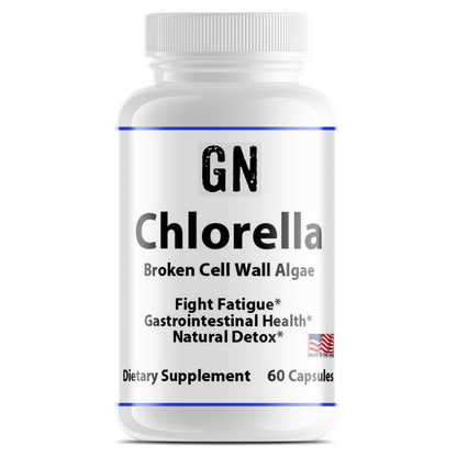 Supplement bottle labeled 'GN Chlorella' on a white background