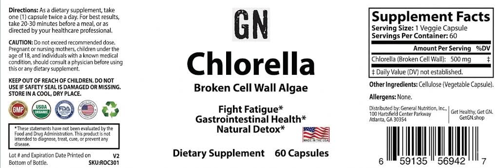 Supplement label for GN Chlorella Broken Cell Wall Algae with supplement facts and directions.