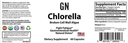 Supplement label for GN Chlorella Broken Cell Wall Algae with supplement facts and directions.