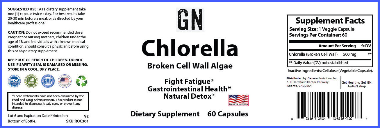 Supplement label for GN Chlorella with text and logos on a blue background