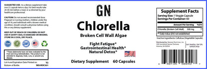 Supplement label for GN Chlorella with text and logos on a blue background