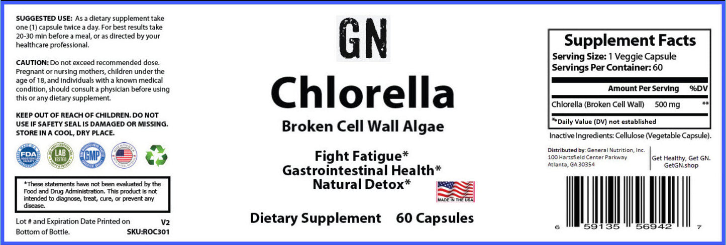 Supplement label for GN Chlorella with text and logos on a blue background