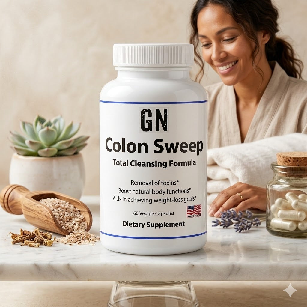 Supplement bottle labeled 'GN Colon Sweep' on a table with a woman in the background.