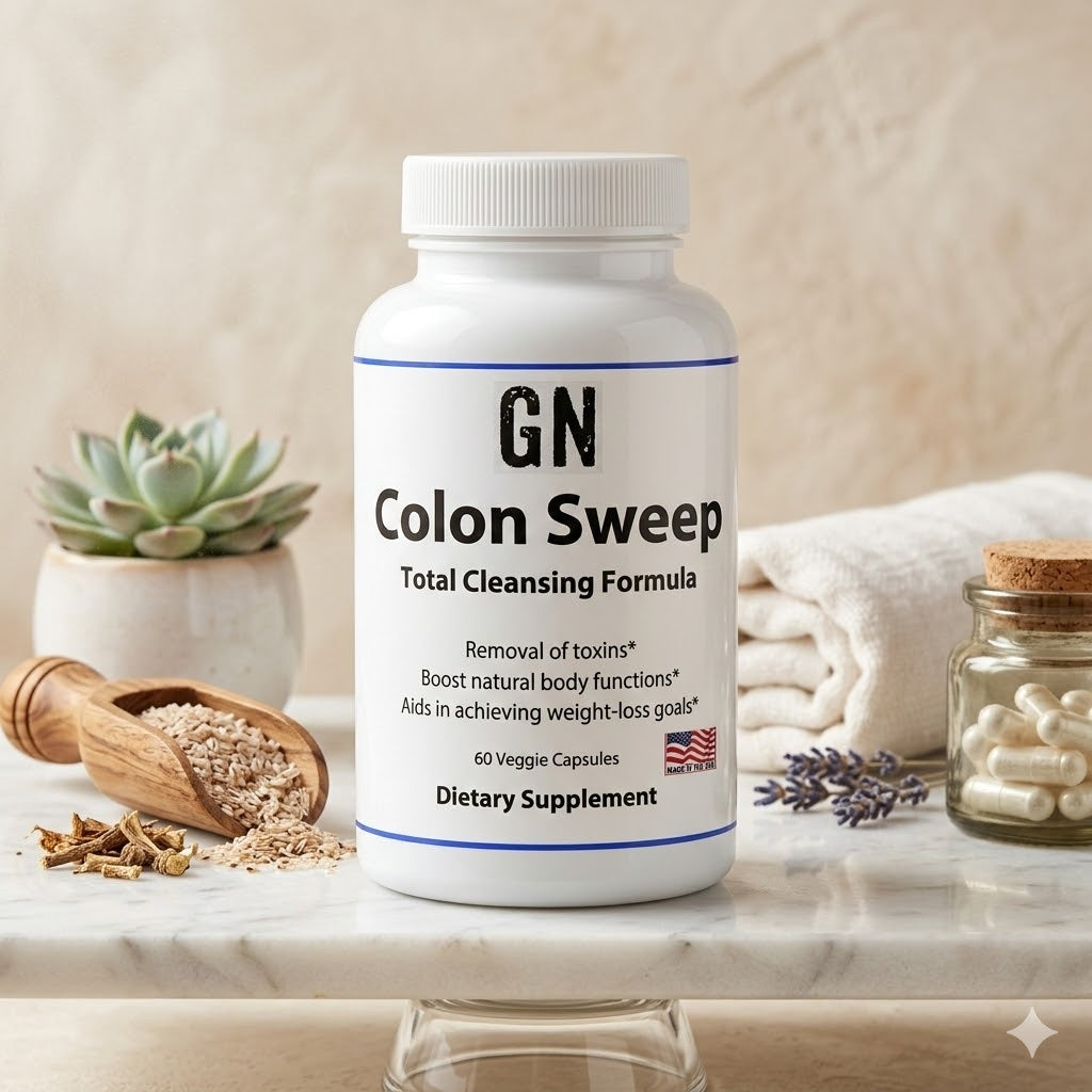 Supplement bottle labeled 'GN Colon Sweep' on a table with a plant and jar in the background