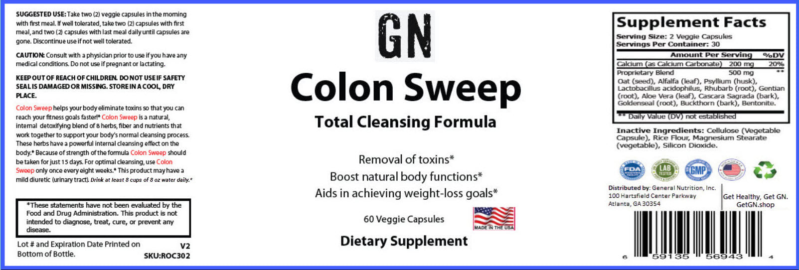 Supplement Label for Colon Sweep Total Cleansing Formula dietary supplement