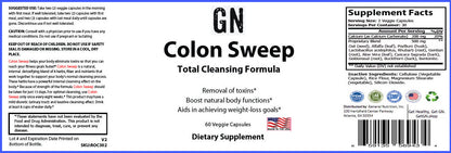 Supplement label for 'GN Colon Sweep Total Cleansing Formula' with text and logos.