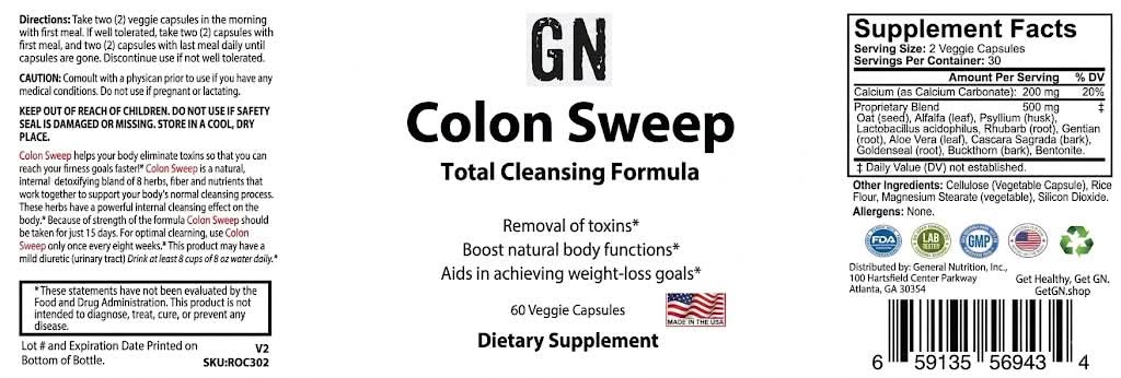 Supplement label for Colon Sweep Total Cleansing Formula with supplement facts and directions.