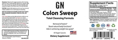 Supplement label for Colon Sweep Total Cleansing Formula with supplement facts and directions.