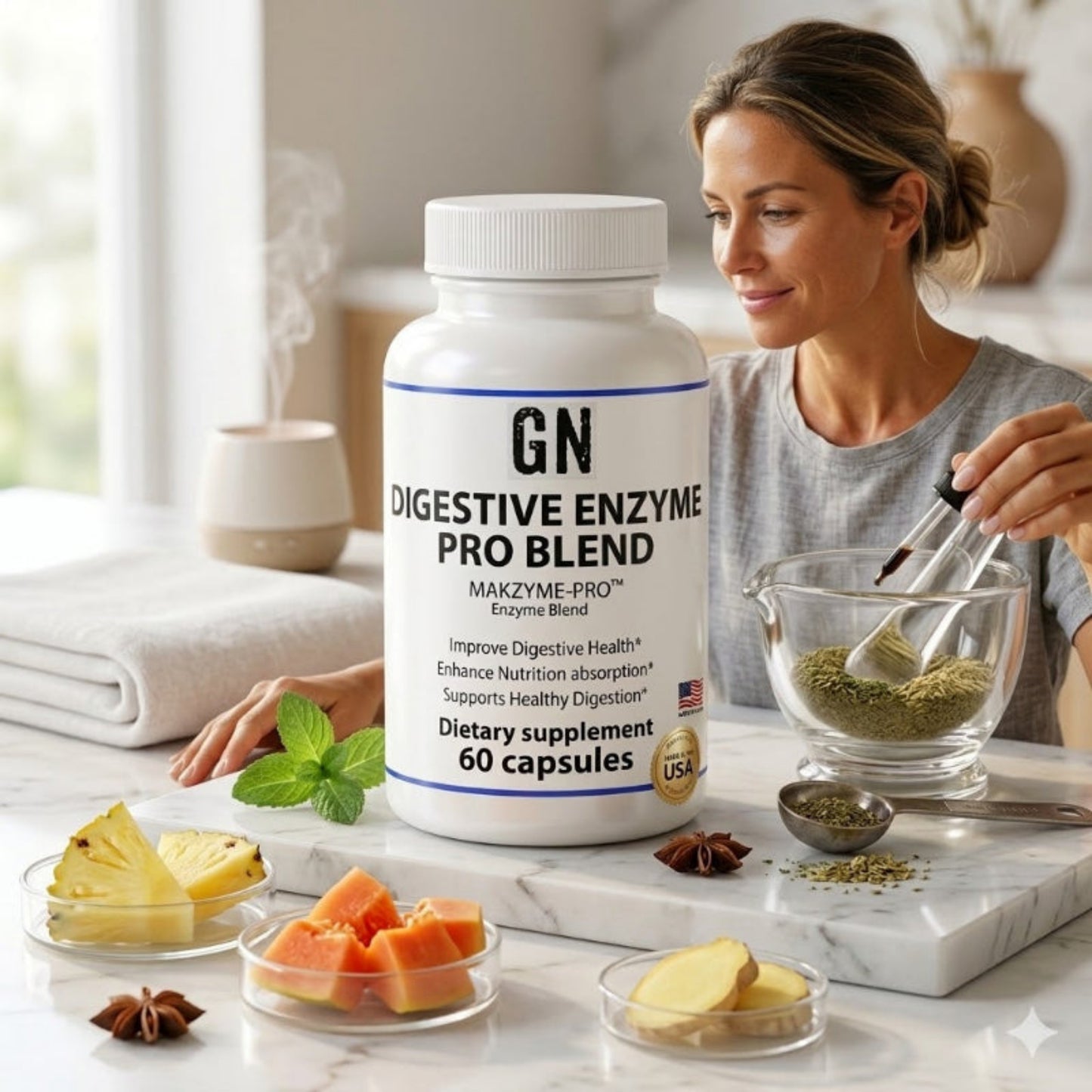 Woman preparing food with a bottle of GN Digestive Enzyme Pro Blend on a marble countertop.