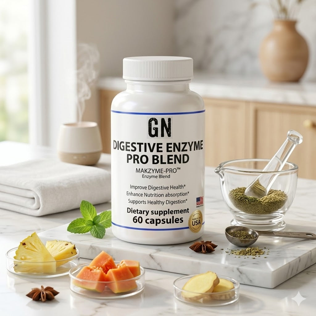 GN Digestive Enzyme Pro Blend supplement bottle on a kitchen counter with fruits and herbs.