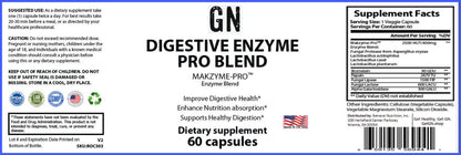 Supplement label for GN Digestive Enzyme Pro Blend with text and graphics on a blue background.