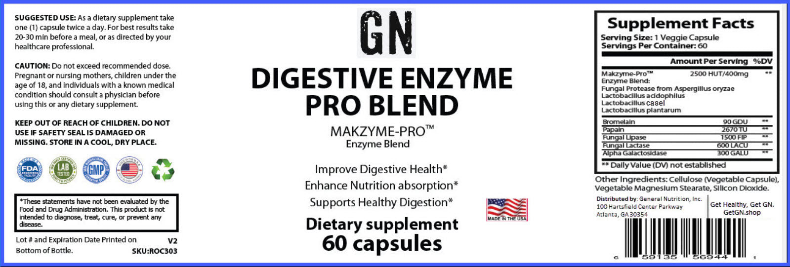 Supplement label for GN Digestive Enzyme Pro Blend dietary supplement