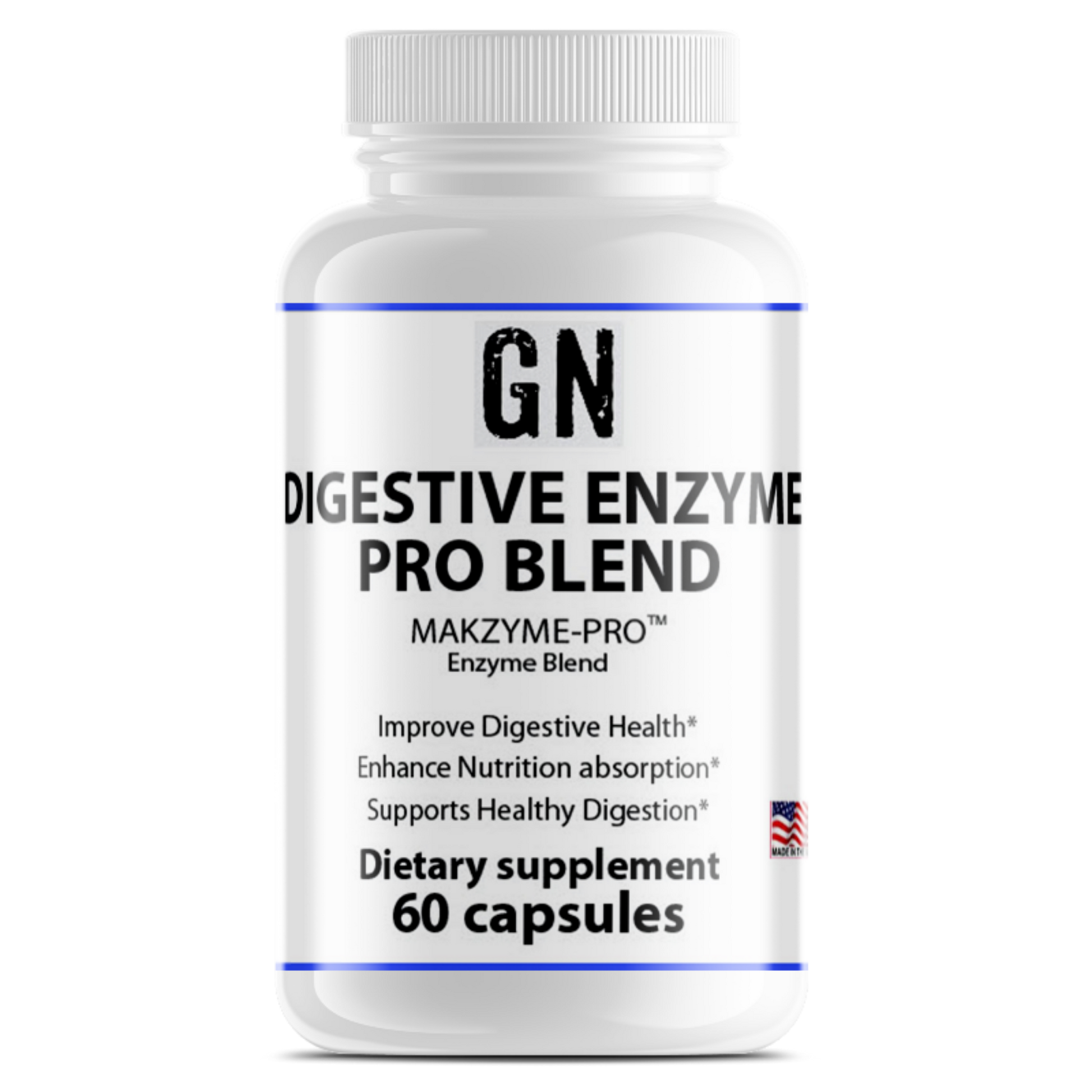 Supplement bottle labeled 'GN Digestive Enzyme Pro Blend' on a white background
