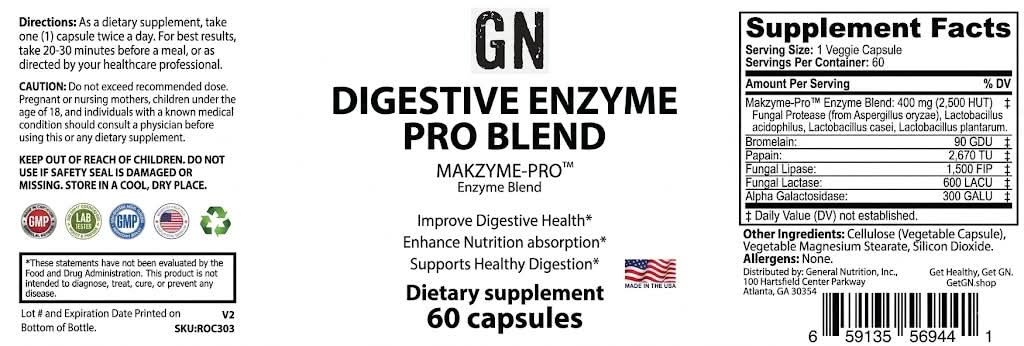 Supplement label for GN Digestive Enzyme Pro Blend with supplement facts and directions.