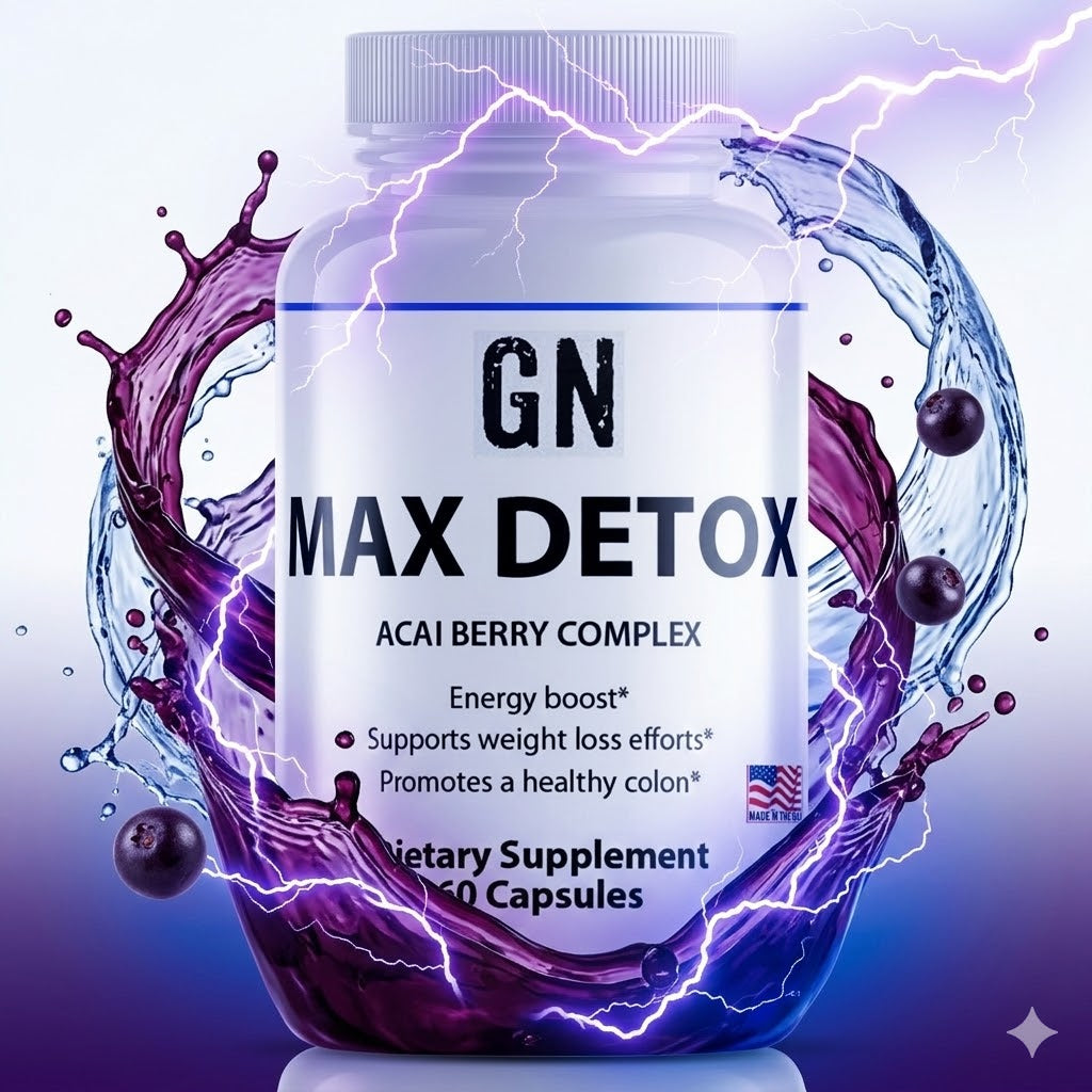GN Max Detox supplement bottle with acai berries and water splash on a purple background
