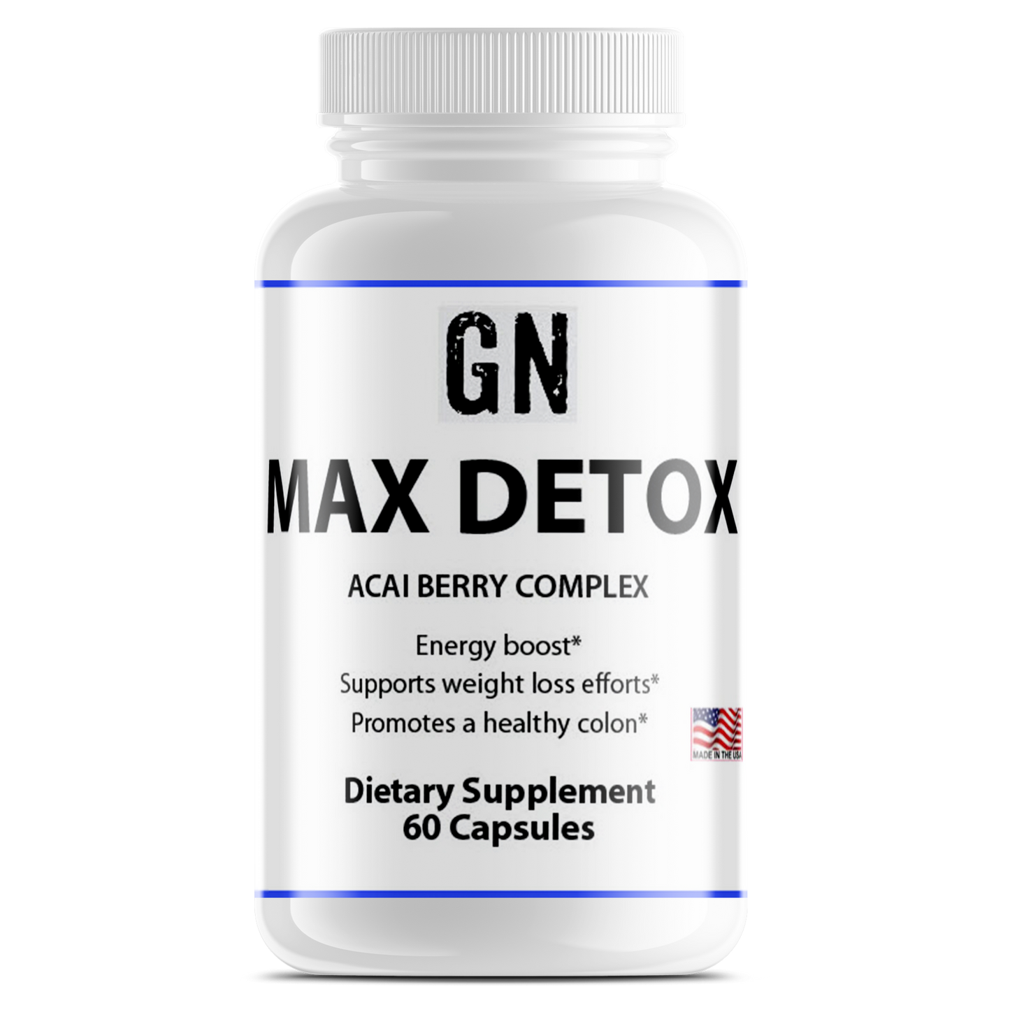 Supplement bottle labeled 'GN Max Detox' on a white background