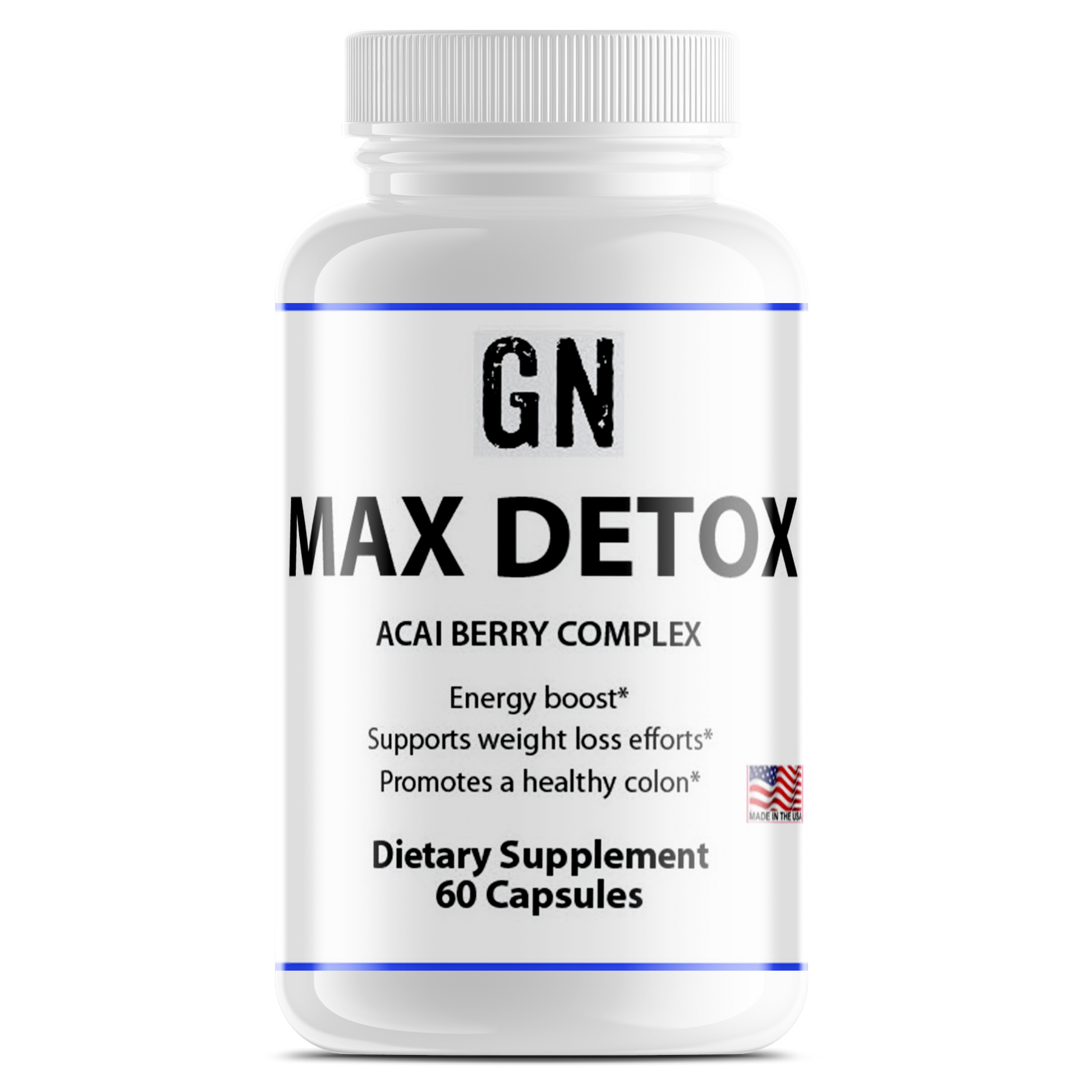 Supplement bottle labeled 'GN Max Detox' on a white background