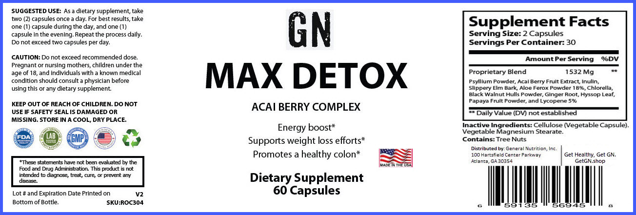 Supplement label for GN Max Detox Acai Berry Complex on a white background