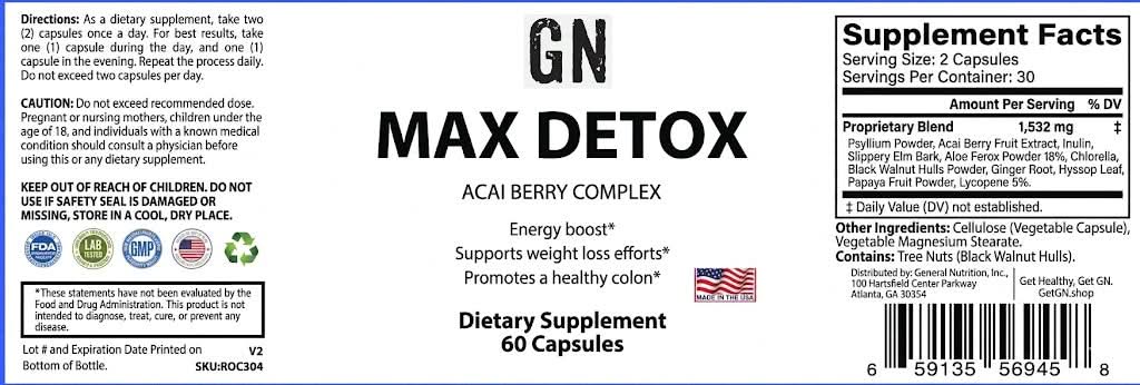Supplement label for GN Max Detox Acai Berry Complex dietary supplement.