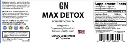Supplement label for GN Max Detox Acai Berry Complex dietary supplement.