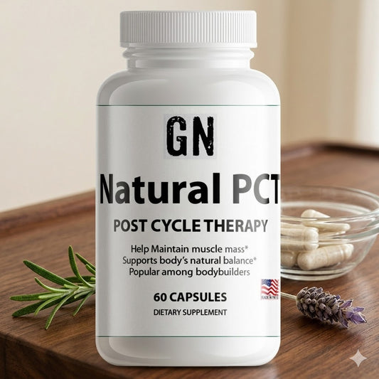 Supplement bottle labeled 'GN Natural PCT' on a wooden surface with herbs.