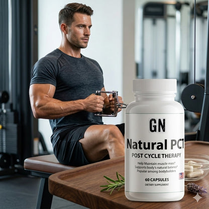 Man in a gym holding a supplement bottle labeled 'GN Natural PC' on a wooden table.