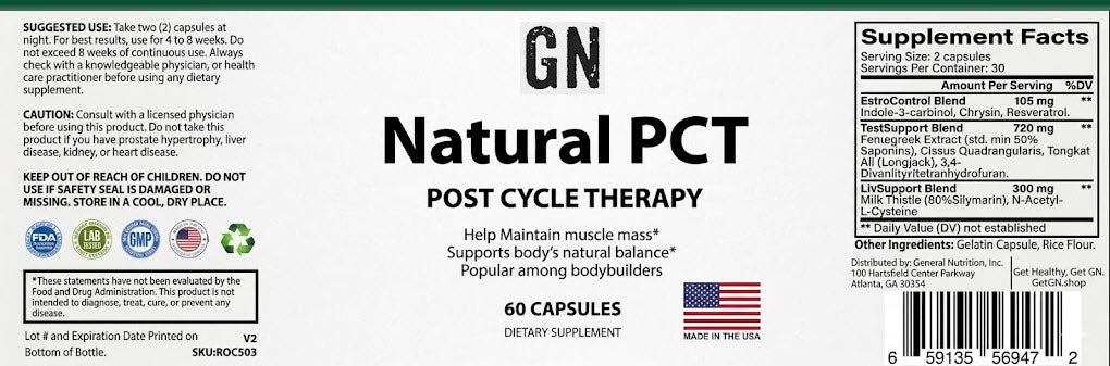 Supplement label for GN Natural PCT Post Cycle Therapy with supplement facts and ingredients listed.
