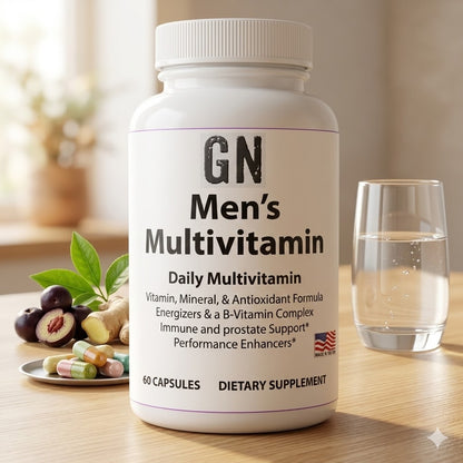 Bottle of GN Men's Multivitamin on a table with a glass of water and fruits.