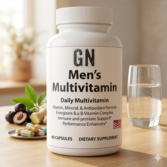 Bottle of GN Men's Multivitamin on a table with a glass of water and fruits.