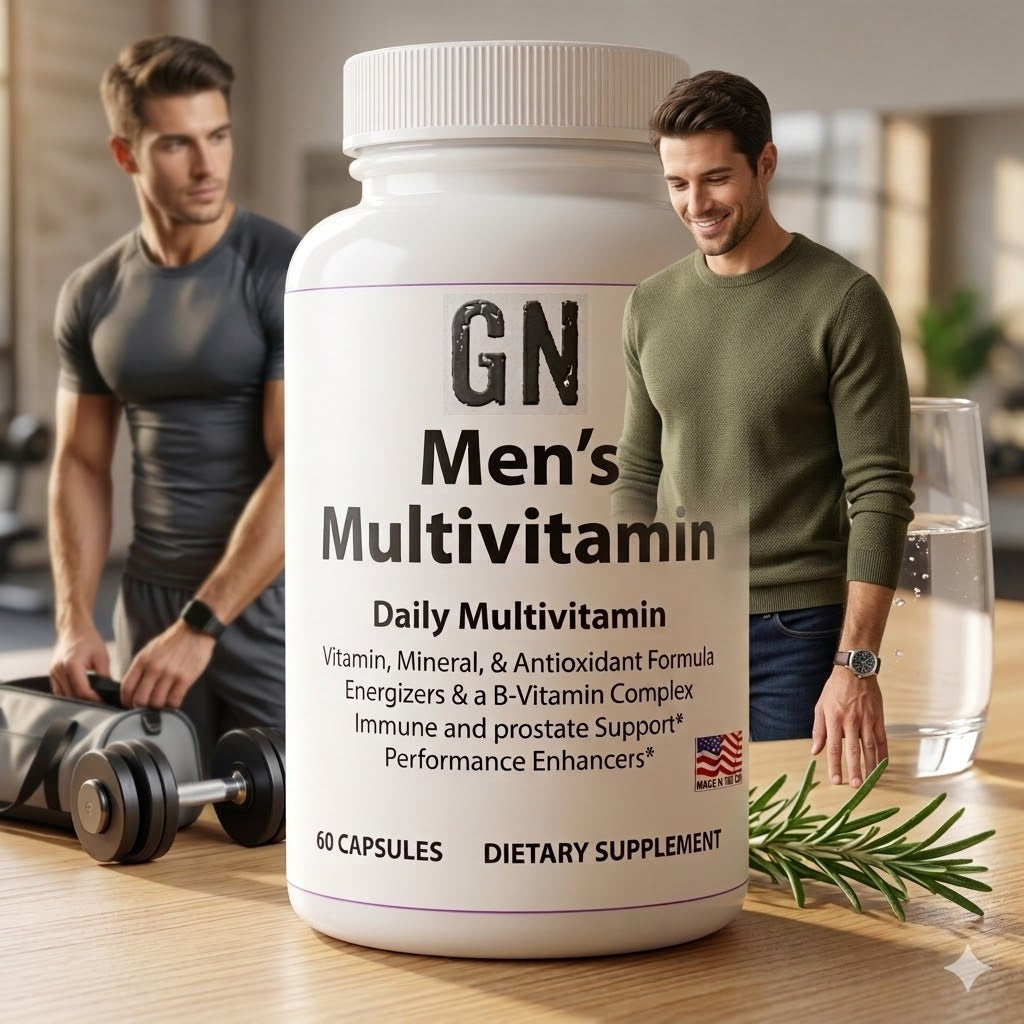 GN Men's Multivitamin bottle with a man exercising in the background