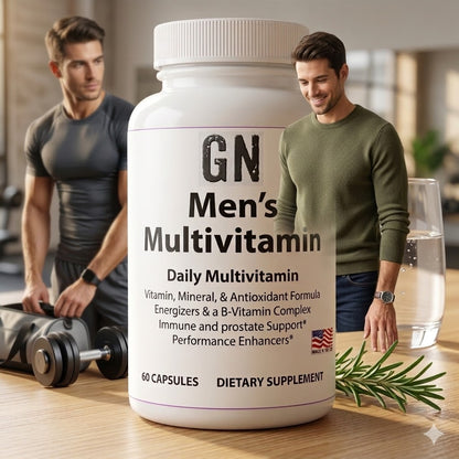 GN Men's Multivitamin bottle with a man exercising in the background