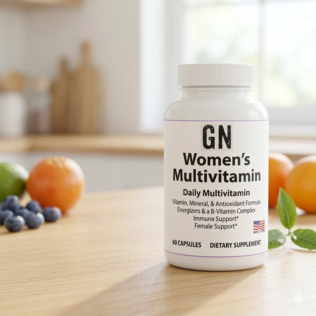 GN Women's Multivitamin bottle on a kitchen counter with fruits in the background