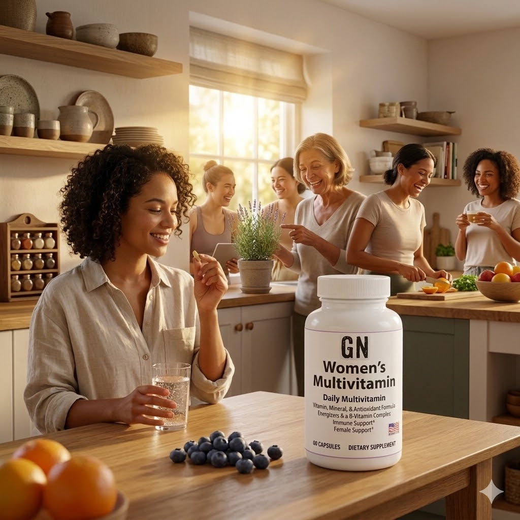 Woman in a kitchen with GN Women's Multivitamin on the table