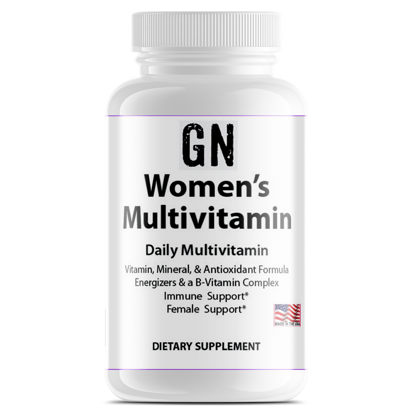 Bottle of GN Women's Multivitamin on a white background