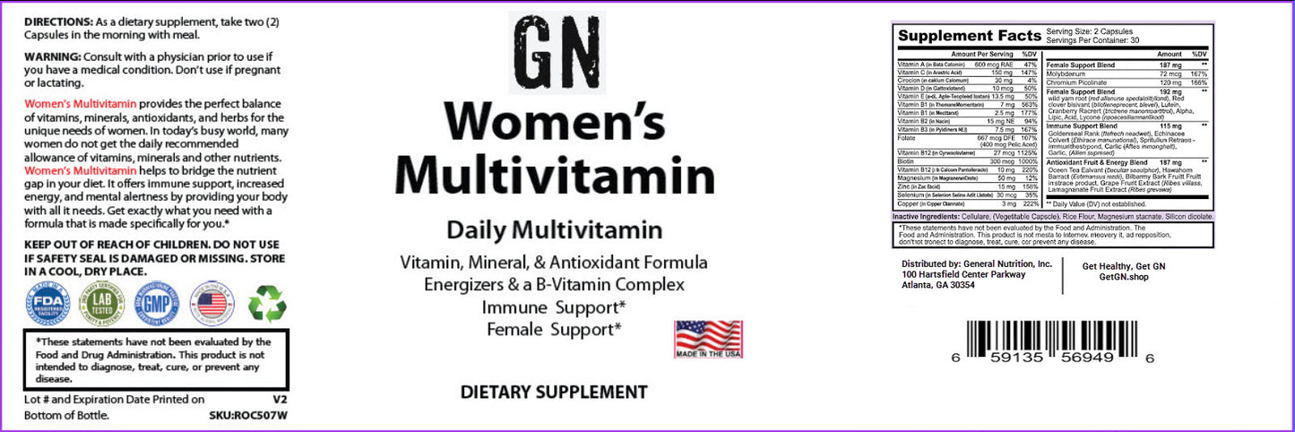Supplement label for Women's Multivitamin dietary suppment