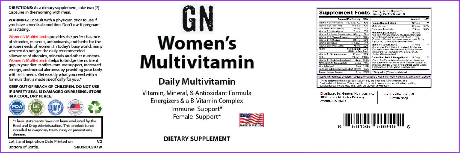 Supplement label for Women's Multivitamin dietary suppment