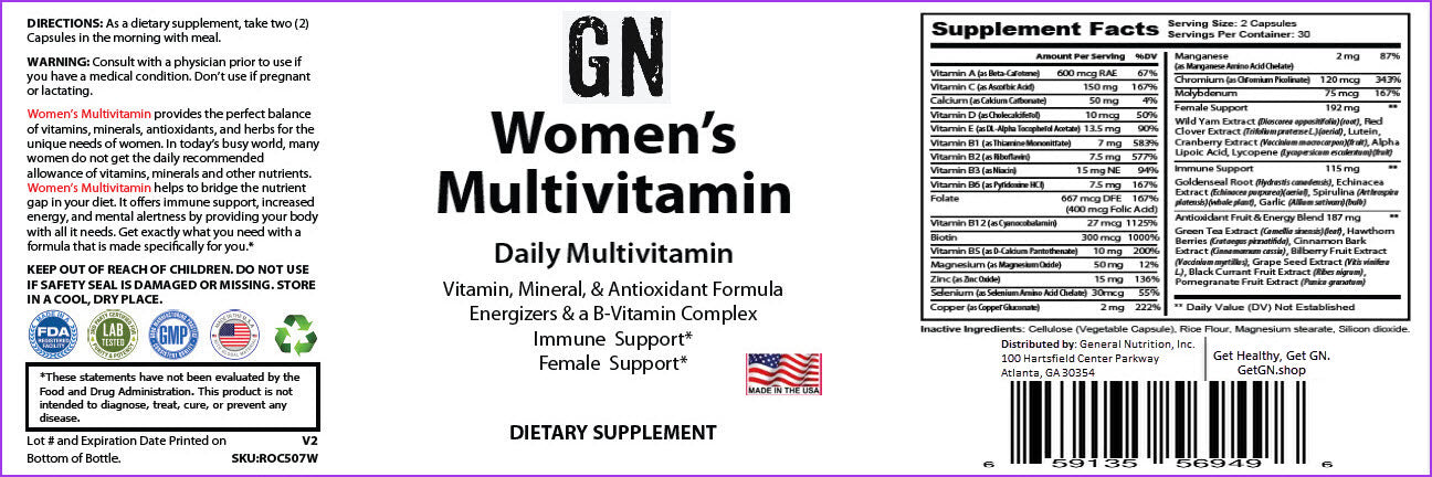 Label of Women's Multivitamin supplement with text and logos.