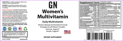 Label of Women's Multivitamin supplement with text and logos.