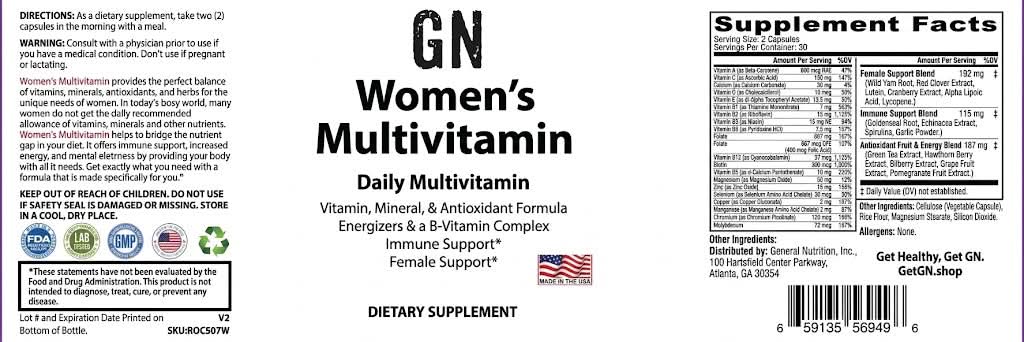 Supplement label for GN Women's Multivitamin with text and logos.
