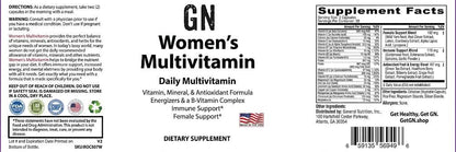 Supplement label for GN Women's Multivitamin with text and logos.