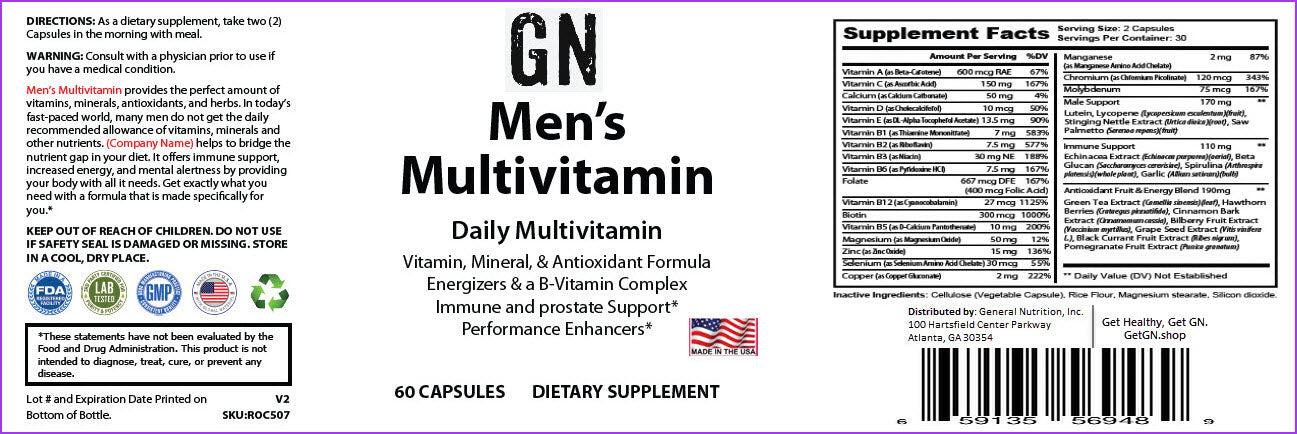 Supplement label for Men's Multivitamin with various certifications and text on a white background