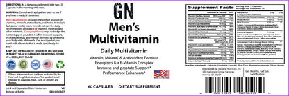 Supplement label for Men's Multivitamin with various certifications and text on a white background