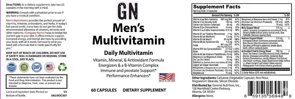 Supplement label for GN Men's Multivitamin with ingredients and nutritional information.