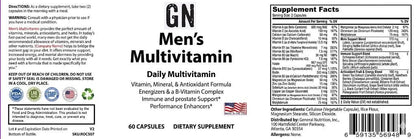 Supplement label for GN Men's Multivitamin with ingredients and nutritional information.